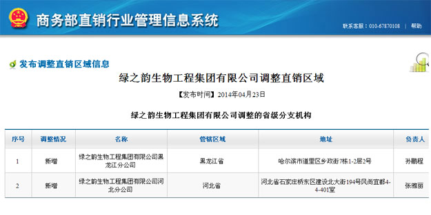 綠之韻獲國(guó)家商務(wù)部批準(zhǔn)，新增黑龍江、河北兩省直銷區(qū)域